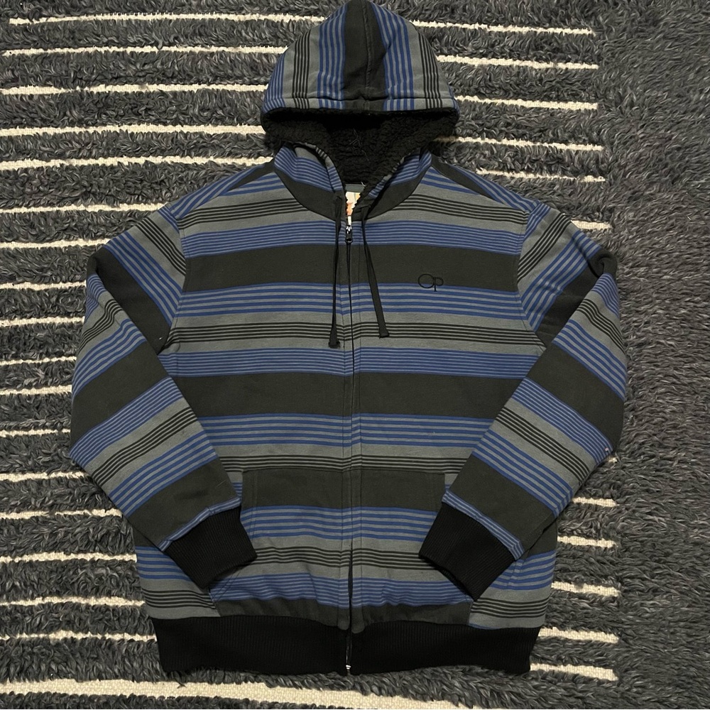 Ocean Pacific Y2K Skater Surfer Striped Sherpa Lined Jacket Size Large Blue
